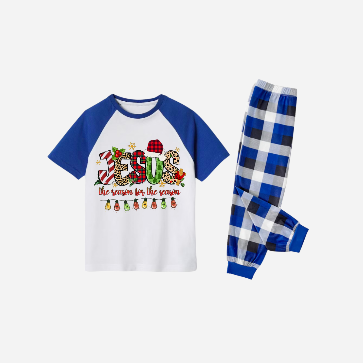 Jesus the Reason for the Season Family Christmas Pajamas Set - White Top with Blue Sleeves and Blue Plaid Pants