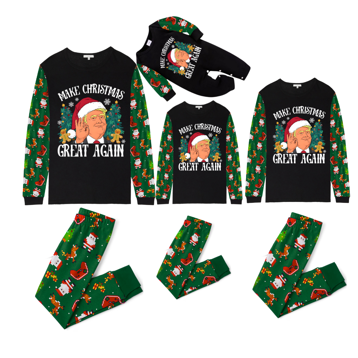 Christmas Cartoon Trump Make Christmas Great Again Family Pajamas Set - Black Top, Green Pants, Santa Pattern
