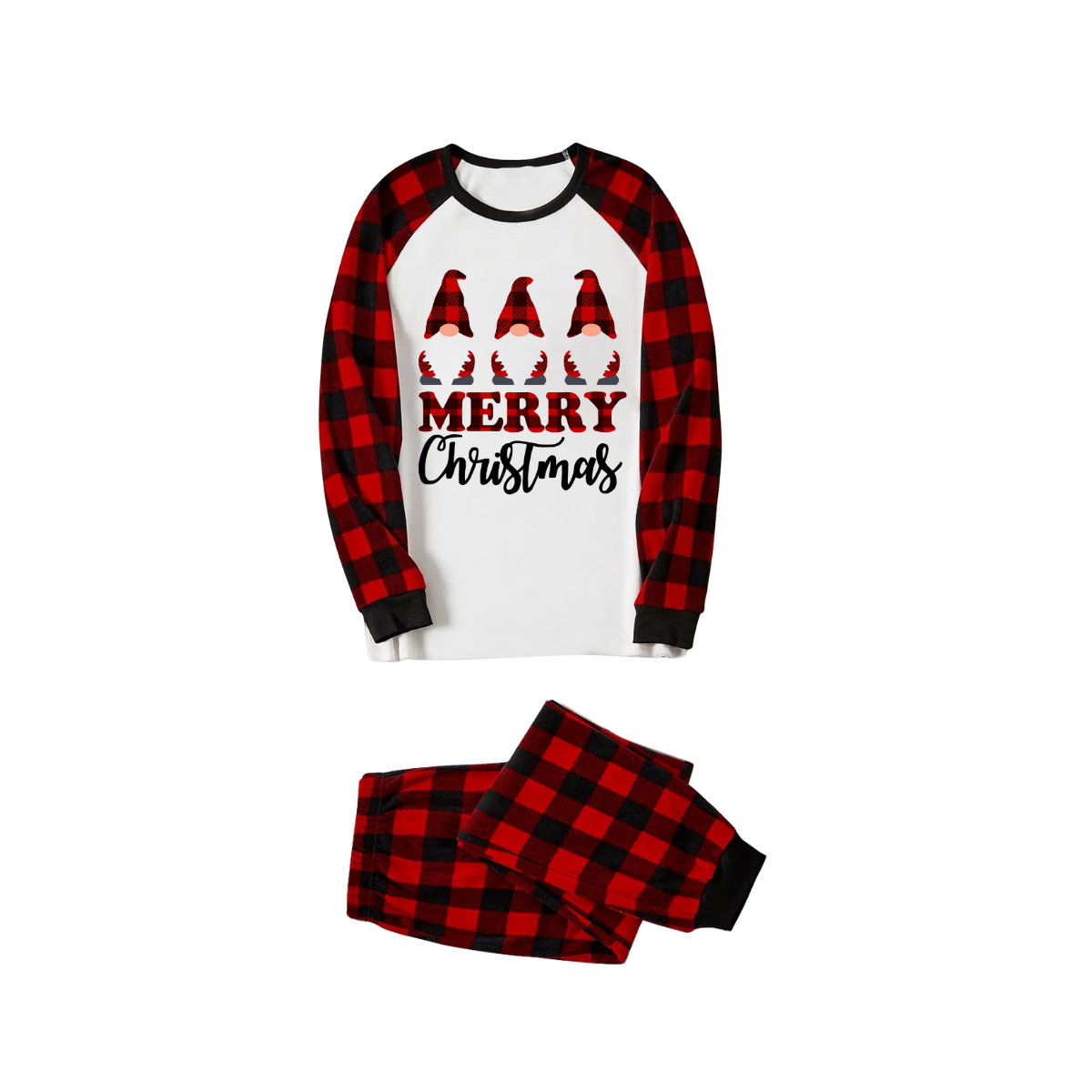 Merry Christmas Gnome Family Pajamas Set - White Top, Red Plaid Pants, Plaid Sleeves