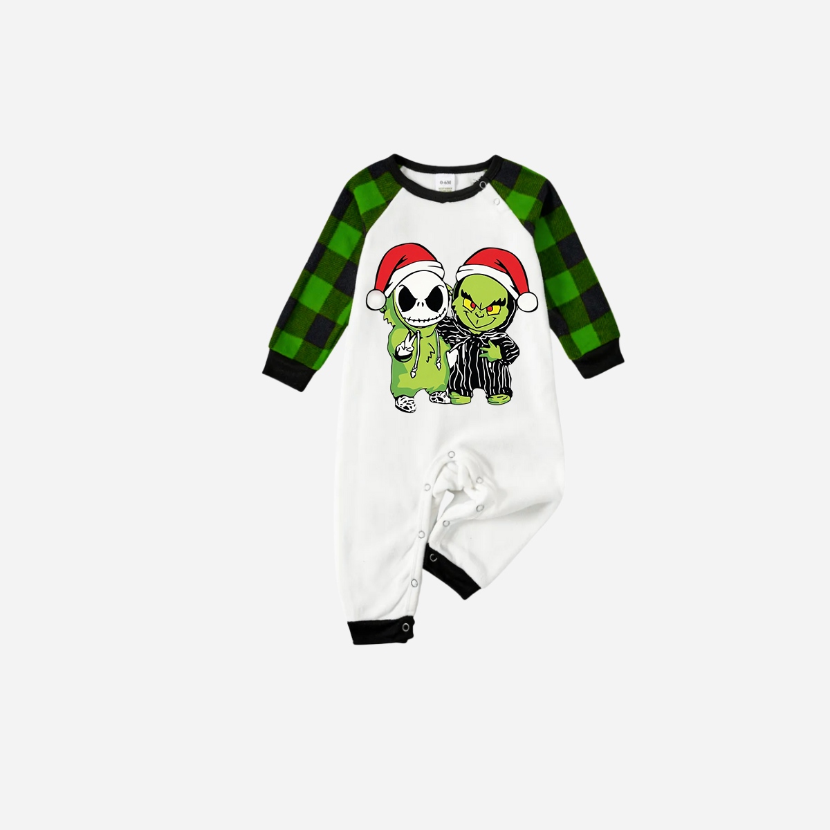 Green Plaid Raglan Top Christmas Pajamas Set With Grinch and Cartoon Pattern Print