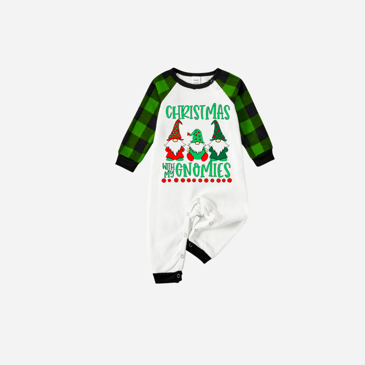 Green Plaid Raglan Top Christmas Pajamas Set With "Christmas With My Gnomies" Text Print