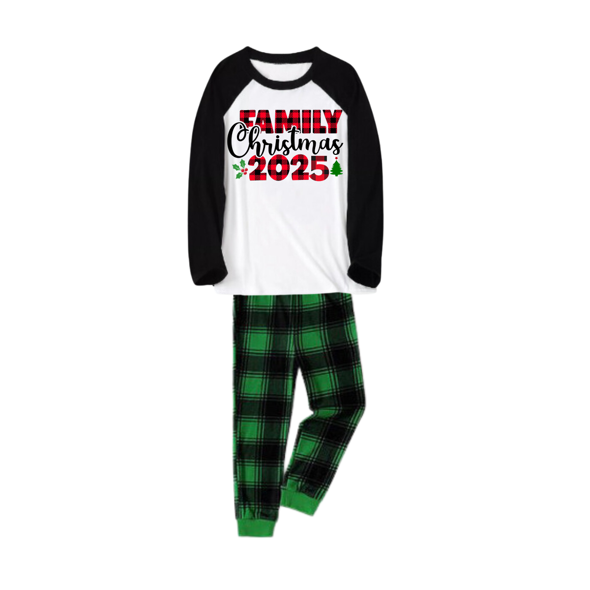 "Family Christmas 2025" Printed Green and Black Plaid Christmas Family Pajamas