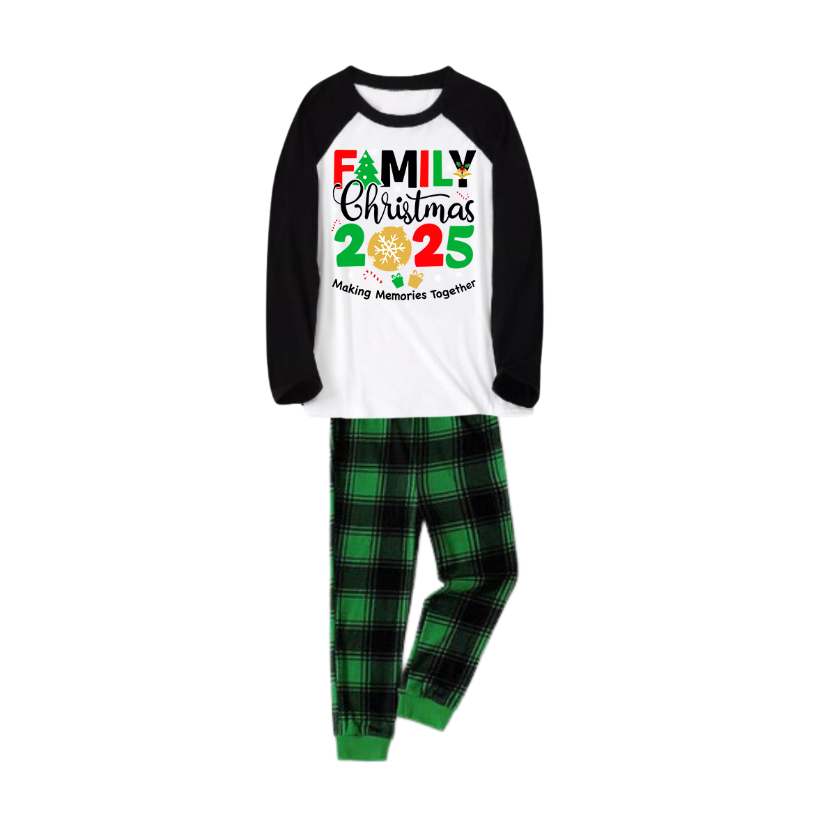 "Family Christmas 2025 Making Memories Together" Printed Green and Black Plaid Christmas Family Pajamas