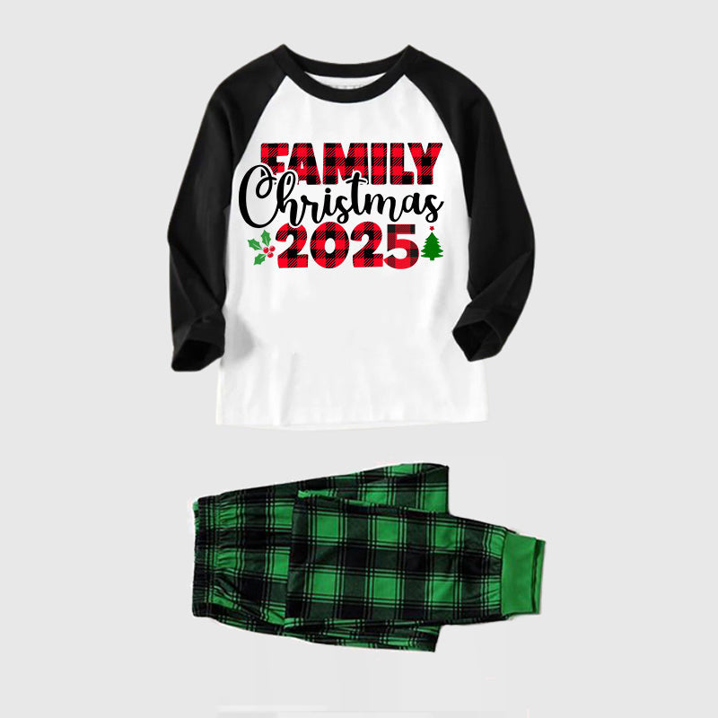 "Family Christmas 2025" Printed Green and Black Plaid Christmas Family Pajamas