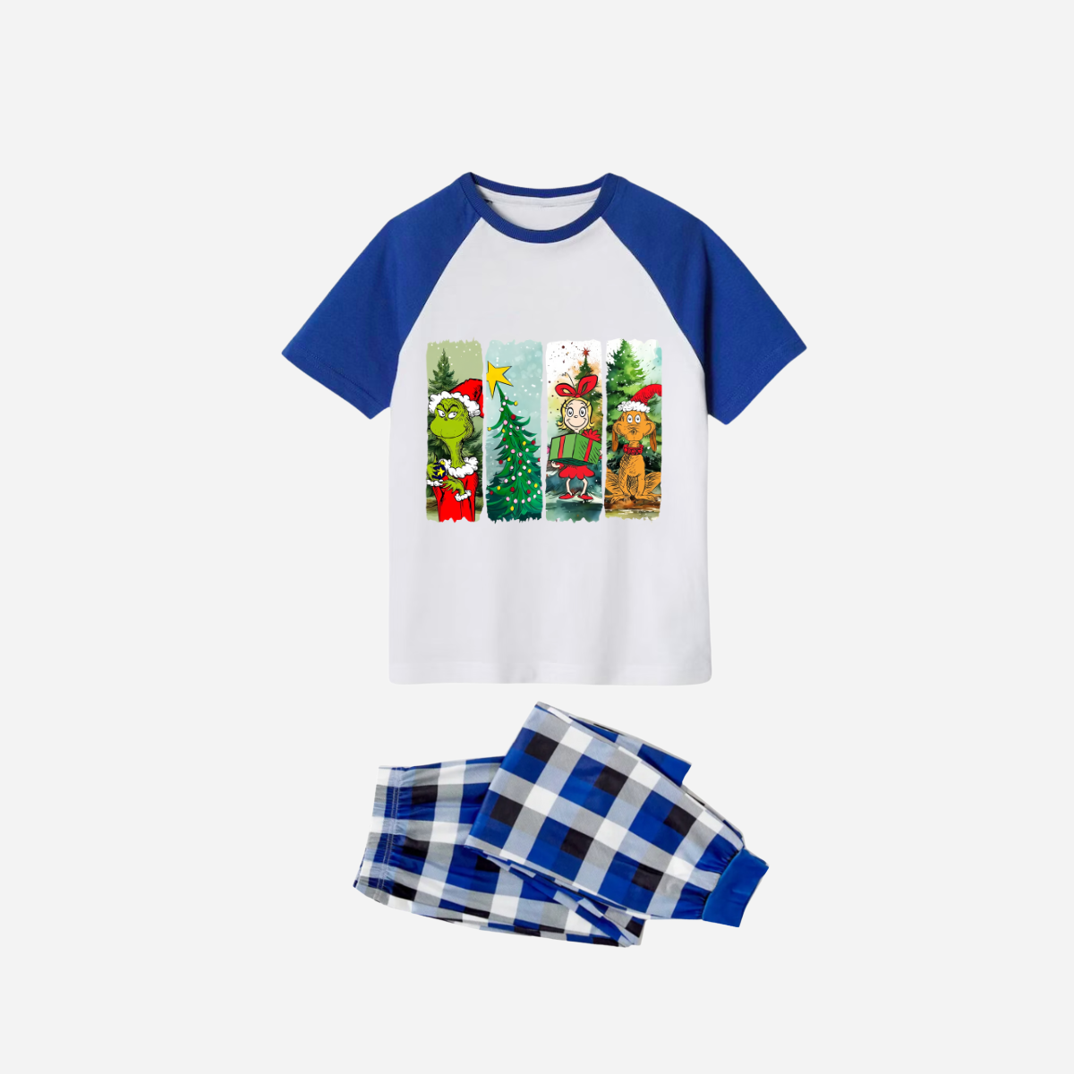 Christmas Cartoon Family Christmas Pajamas Set - White Top with Blue Sleeves and Blue Plaid Pants