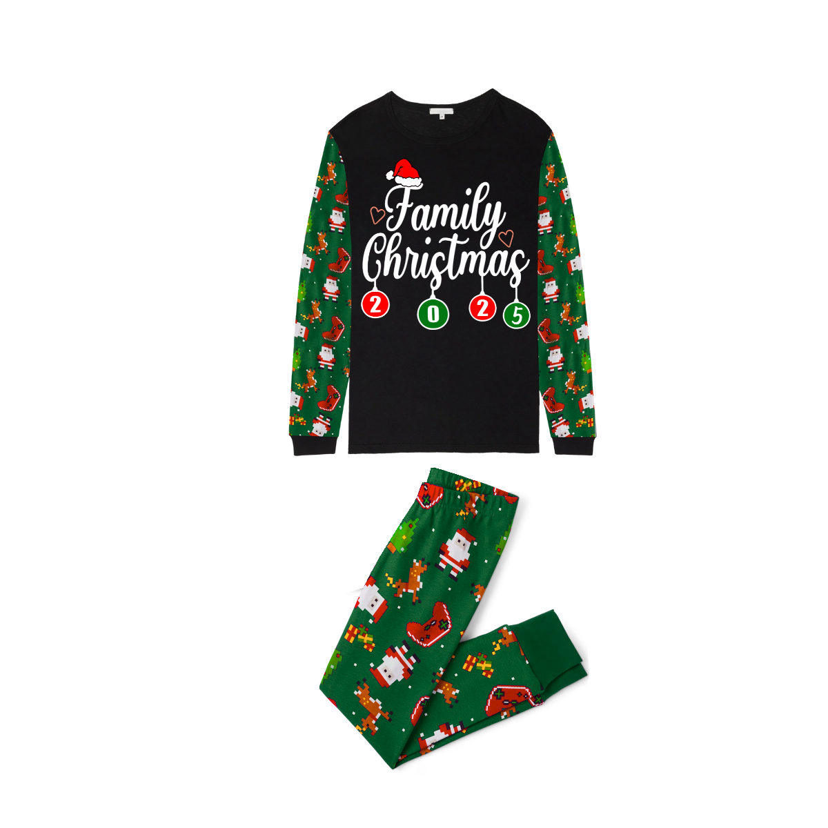 Family Christmas 2025 Pajamas Set - Black Top / Green Santa & Reindeer Print Sleeves & Pants