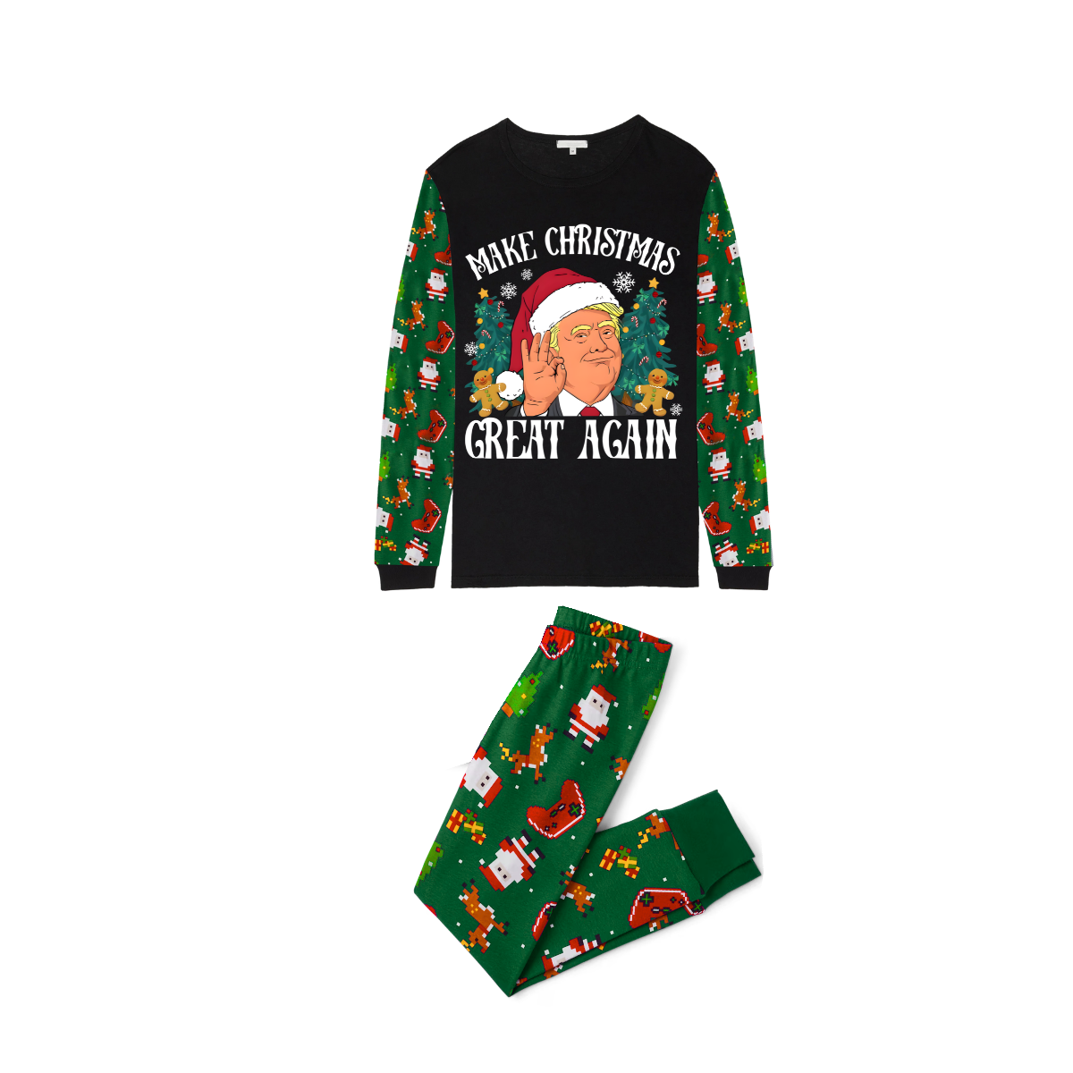 Christmas Cartoon Trump Make Christmas Great Again Family Pajamas Set - Black Top, Green Pants, Santa Pattern