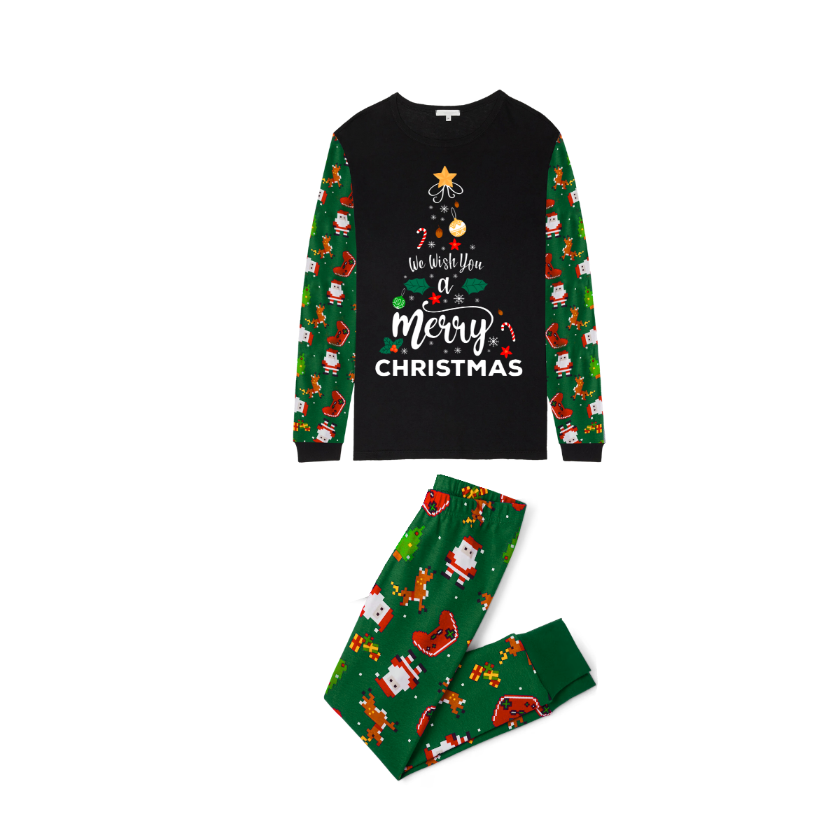 We Wish You a Merry Christmas Family Pajamas Set - Black Top / Green Santa Print Pants / Green Santa Print Sleeves