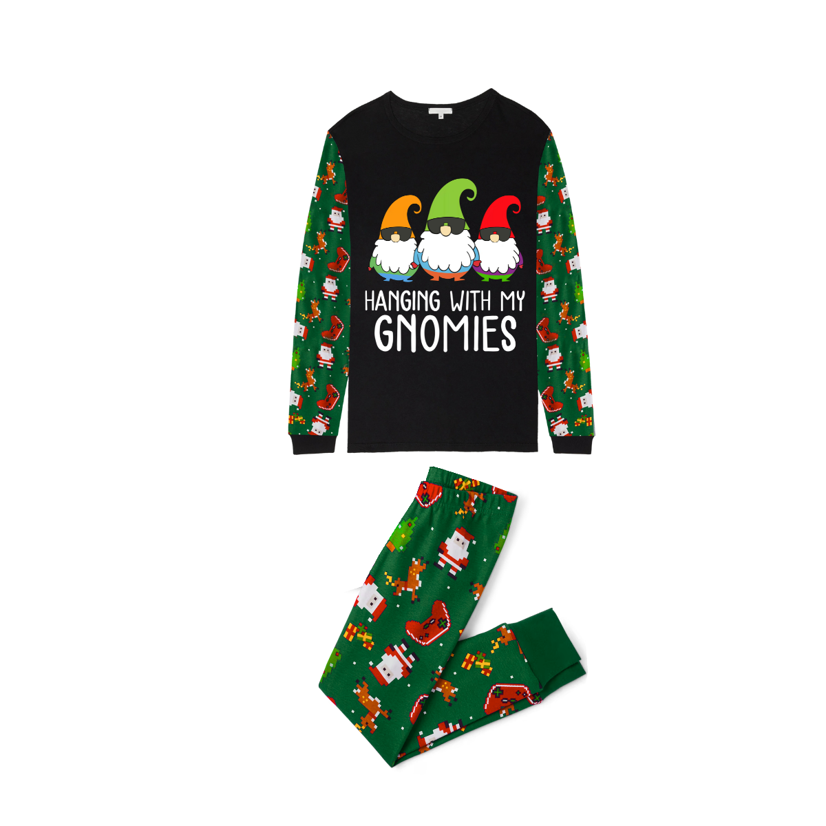 Hanging With My Gnomies Christmas 2025 Family Pajamas Set - Black Top, Green Pants, Green Christmas Cartoon Sleeves