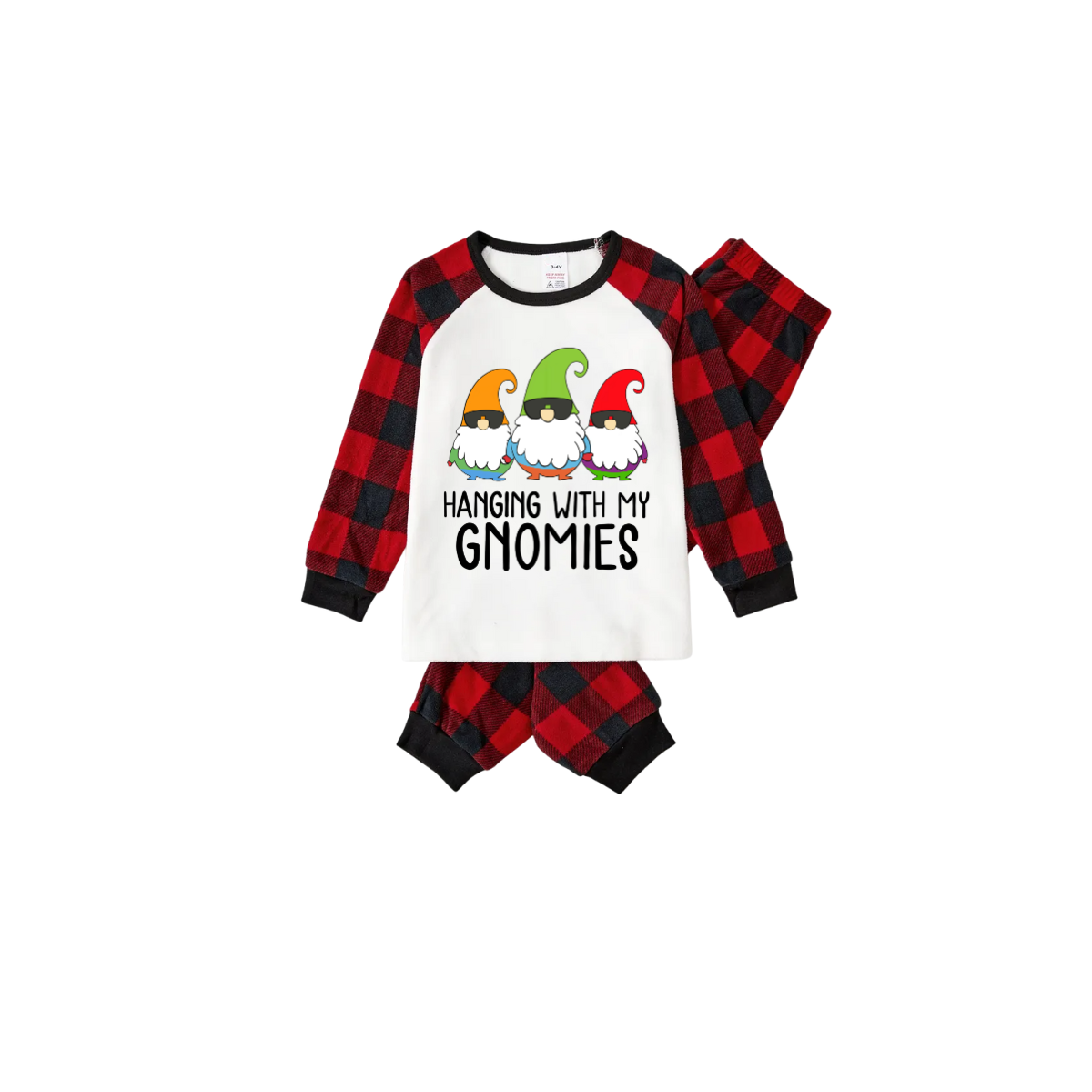 Hanging With My Gnomies Family Pajamas Set - White Top, Red Plaid Pants, Red Plaid Sleeves, Gnomes Print