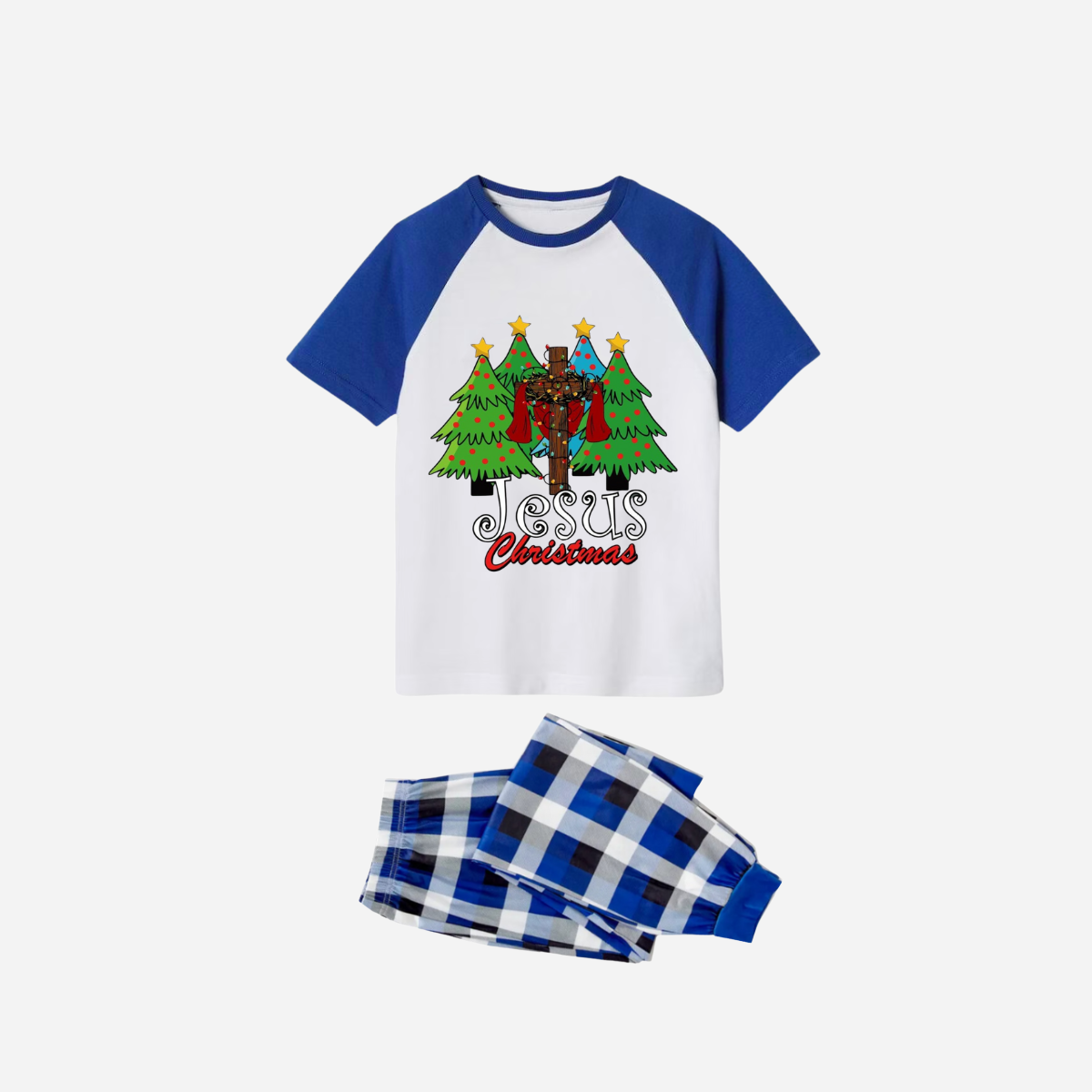 Jesus Christmas Family Matching Pajamas Set - White Top with Blue Sleeves and Blue Plaid Pants