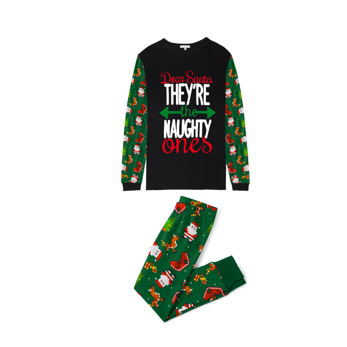 Dear Santa They Are the Naughty Ones Printed Green Contrast Sleeve Black Top And Pants Family Matching Christmas Pajamas Sets