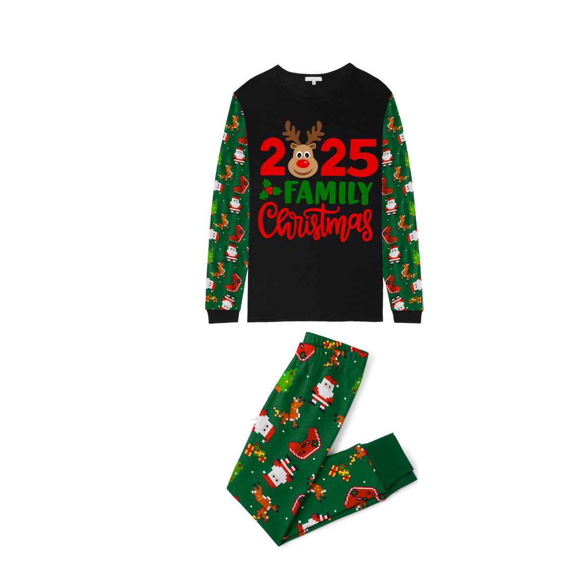 2025 Reindeer Family Christmas Family Pajamas Set - Black Top / Green Santa Print Pants / Green Santa Print Sleeves