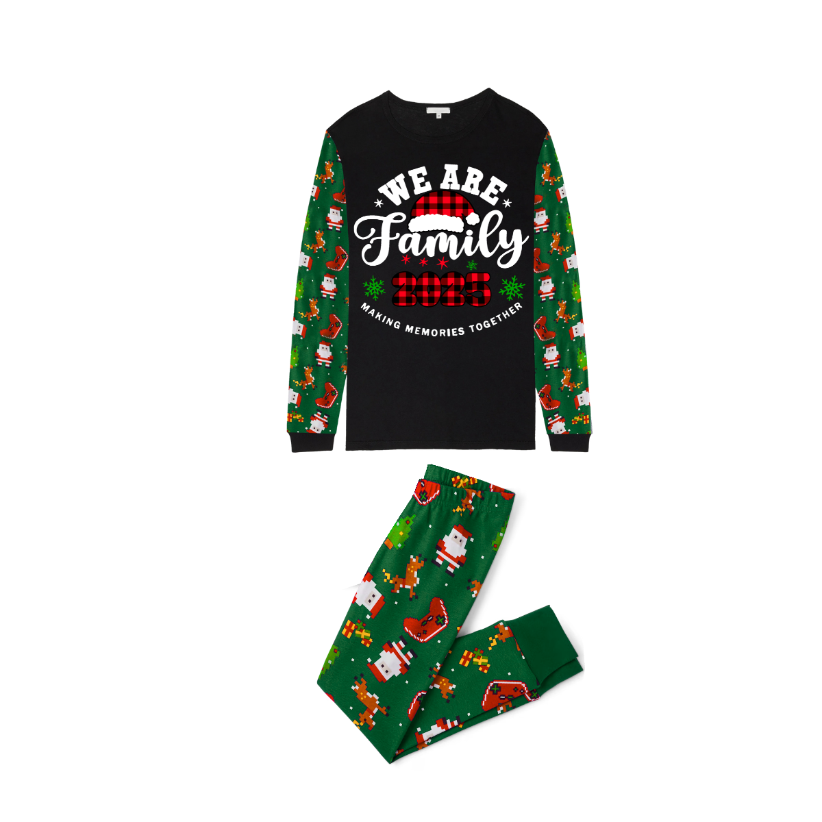 2025 We Are Family Christmas Family Pajamas Set - Black Top / Green Santa Print Pants / Green Santa Print Sleeves