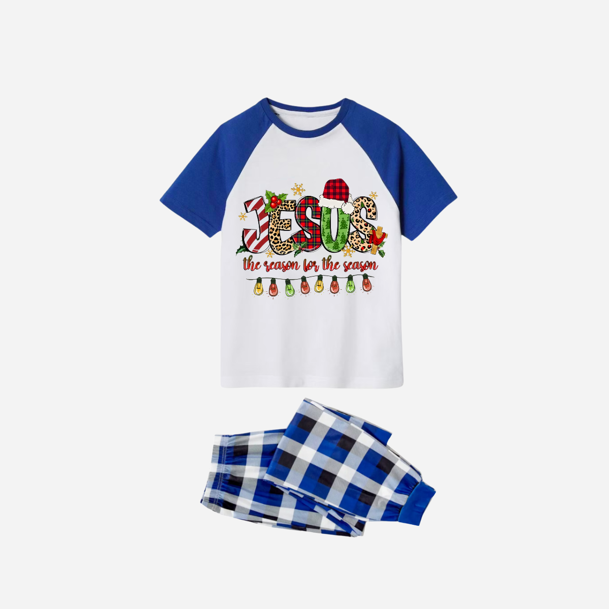 Jesus the Reason for the Season Family Christmas Pajamas Set - White Top with Blue Sleeves and Blue Plaid Pants