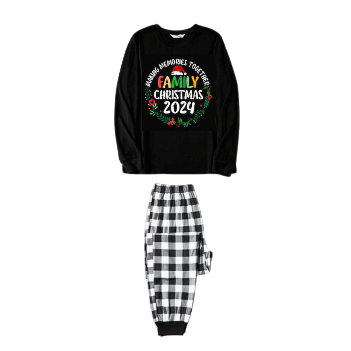 "Family Christmas 2024 Making Memories Together" Text Print Black and White Plaid Family Matching Pajamas