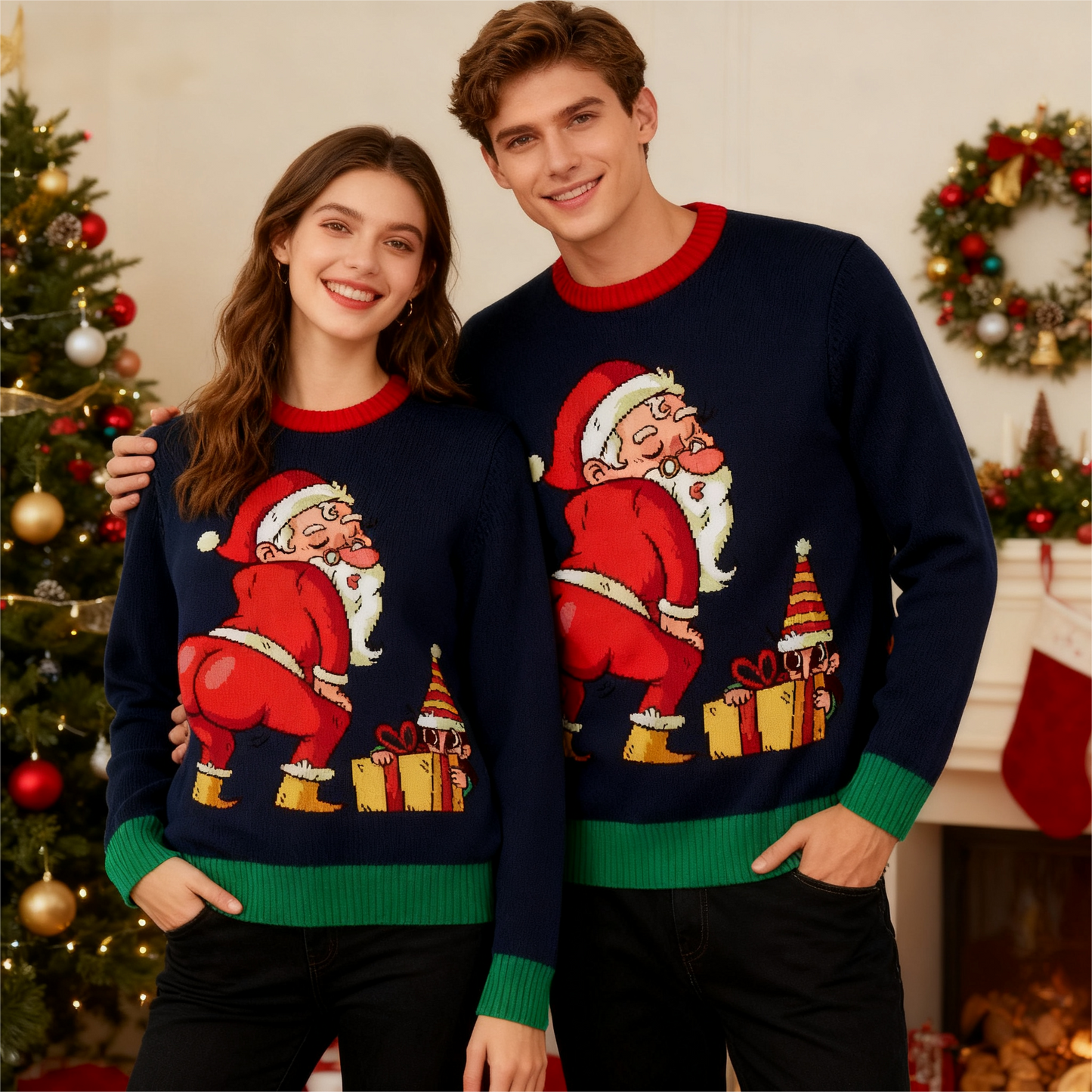 Zany Santa Print Holiday Sweater - Intentional Festive Quirk