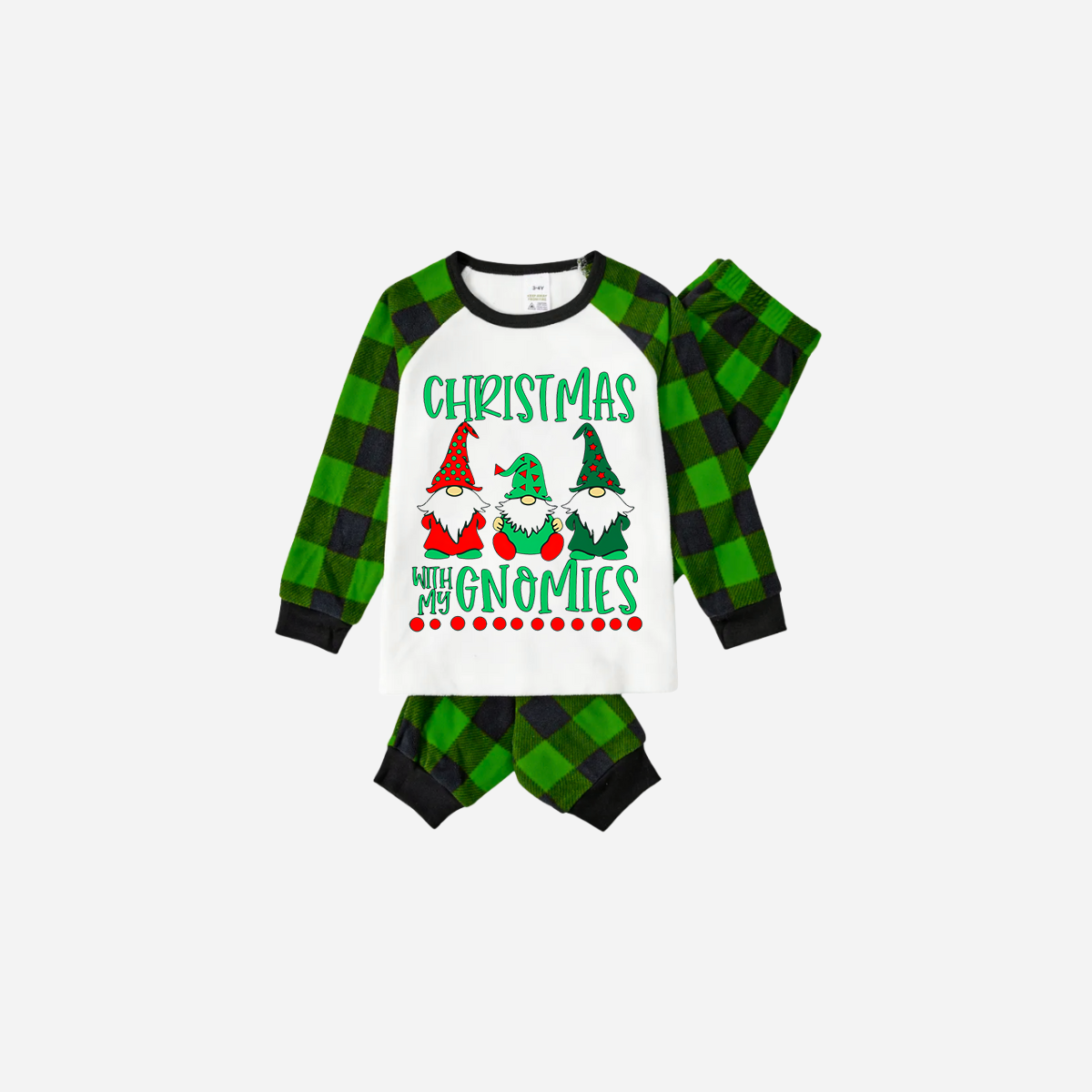 Green Plaid Raglan Top Christmas Pajamas Set With "Christmas With My Gnomies" Text Print