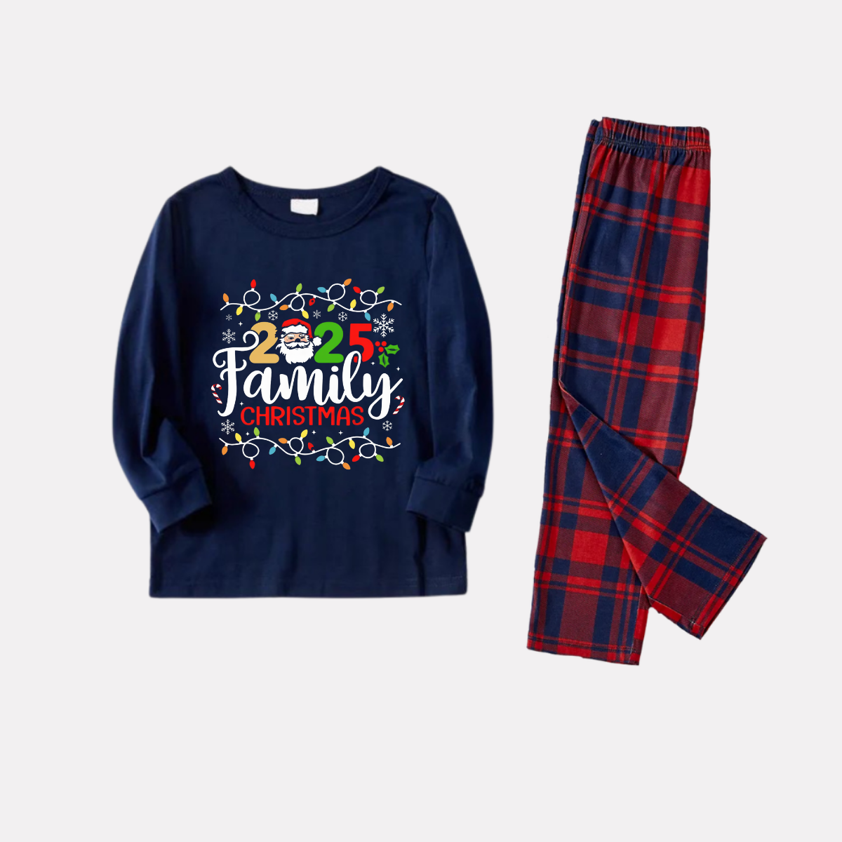 Navy & Red Plaid Christmas Pajamas Set With Christmas Light and "2025 Family Christmas" Text Print