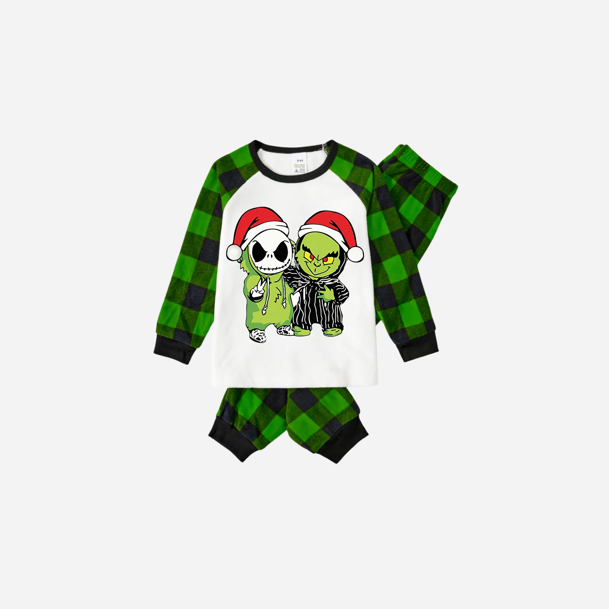 Green Plaid Raglan Top Christmas Pajamas Set With Grinch and Cartoon Pattern Print