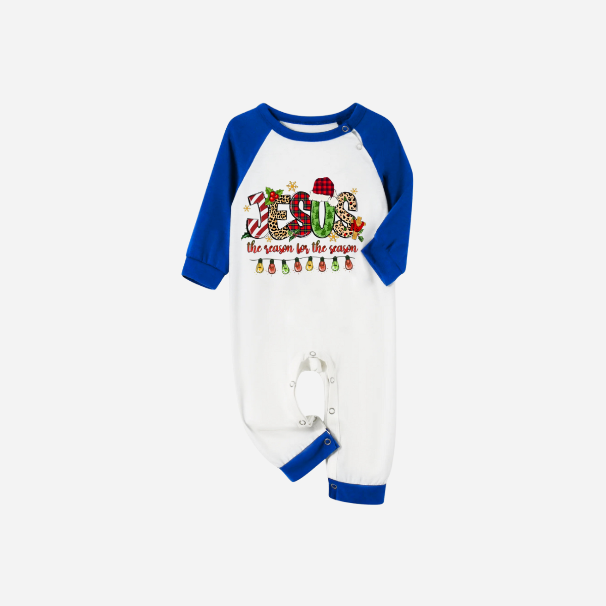 Jesus the Reason for the Season Family Christmas Pajamas Set - White Top with Blue Sleeves and Blue Plaid Pants