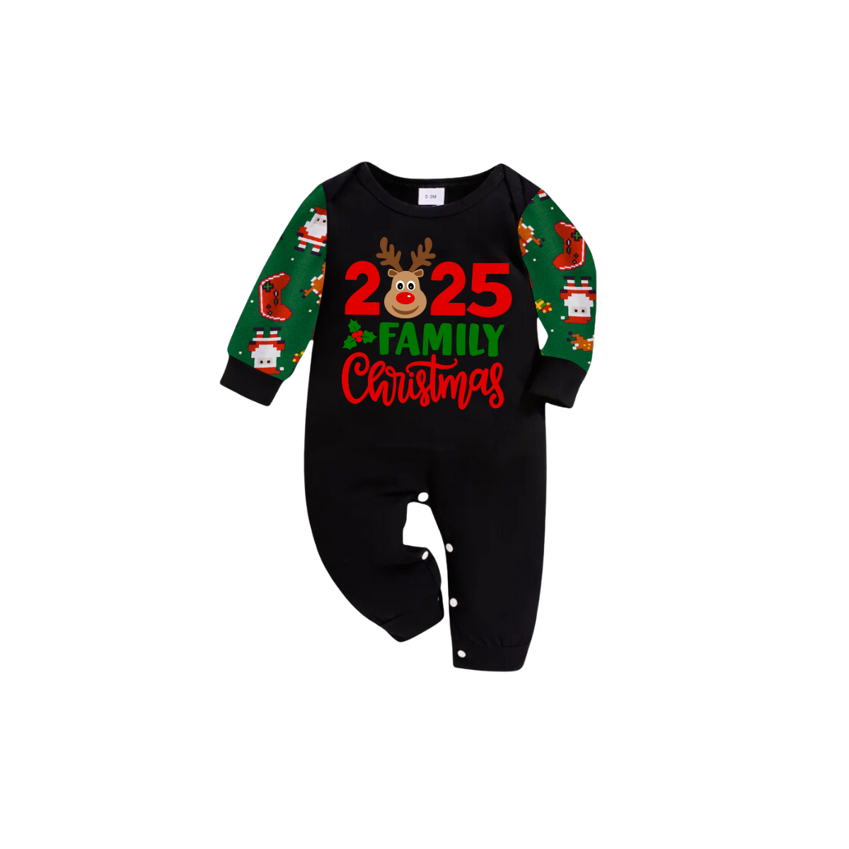2025 Reindeer Family Christmas Family Pajamas Set - Black Top / Green Santa Print Pants / Green Santa Print Sleeves