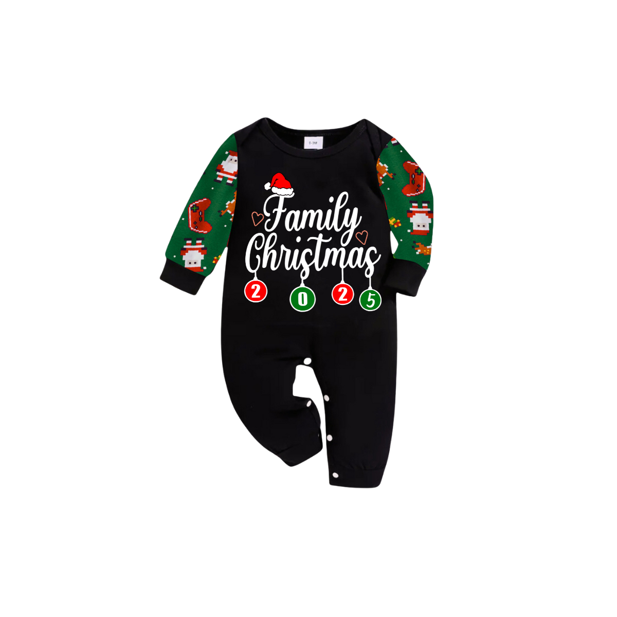 Family Christmas 2025 Pajamas Set - Black Top / Green Santa & Reindeer Print Sleeves & Pants