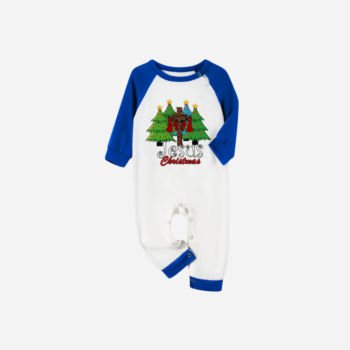Jesus Christmas Family Matching Pajamas Set - White Top with Blue Sleeves and Blue Plaid Pants