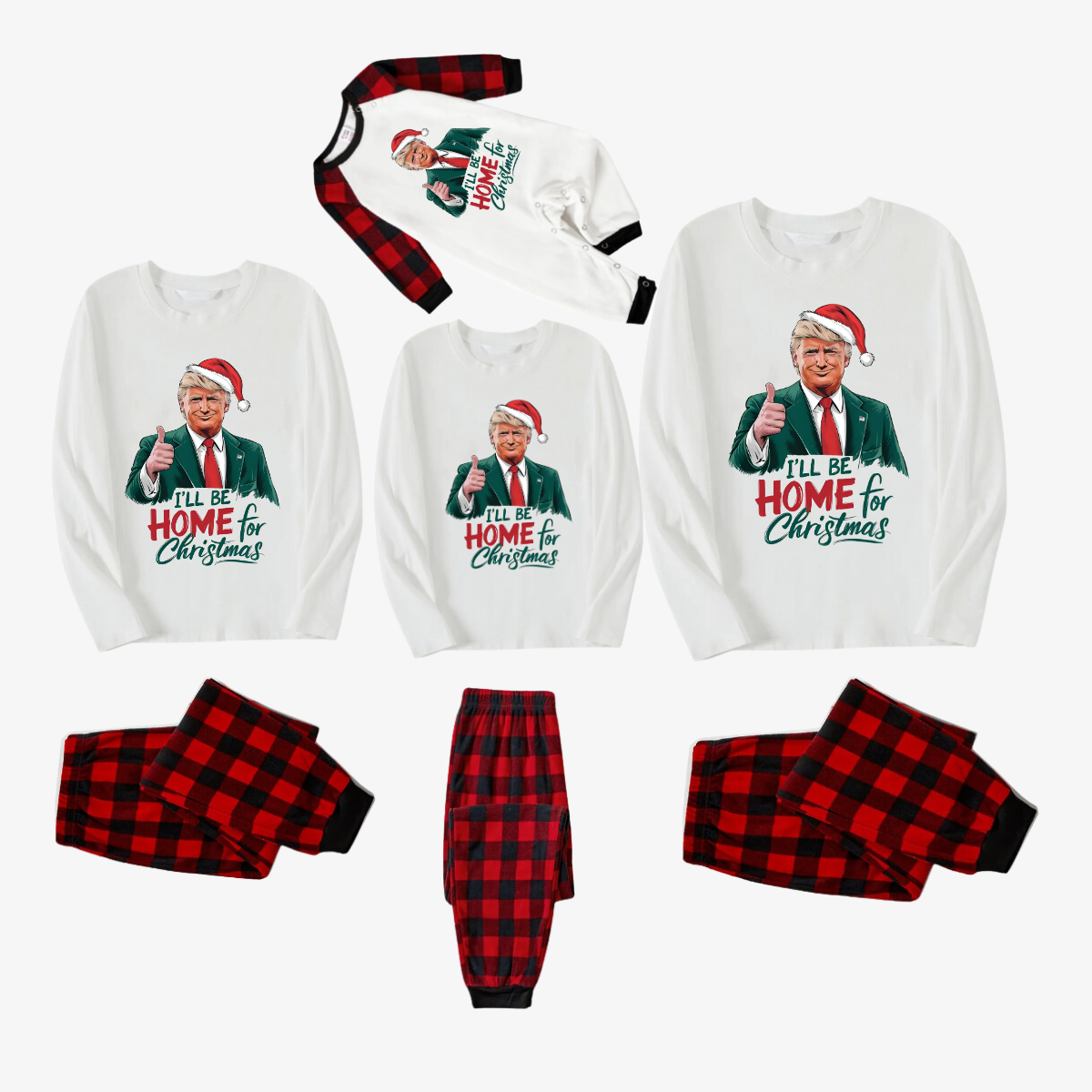 "I will be home for Christmas"Trump With Santa Hat Pattern White Long Sleeve Top and Red & Black Plaid Pants Family Matching Pajamas