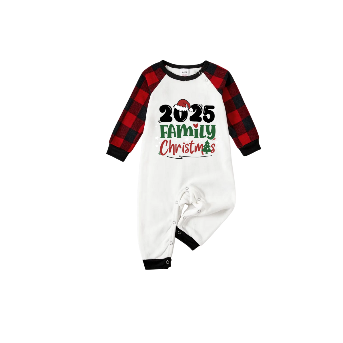Merry Christmas 2025 Family Pajamas Set - White Top, Red & Black Plaid Pants, Red & Black Plaid Sleeves, Santa Hat & Christmas Tree Print