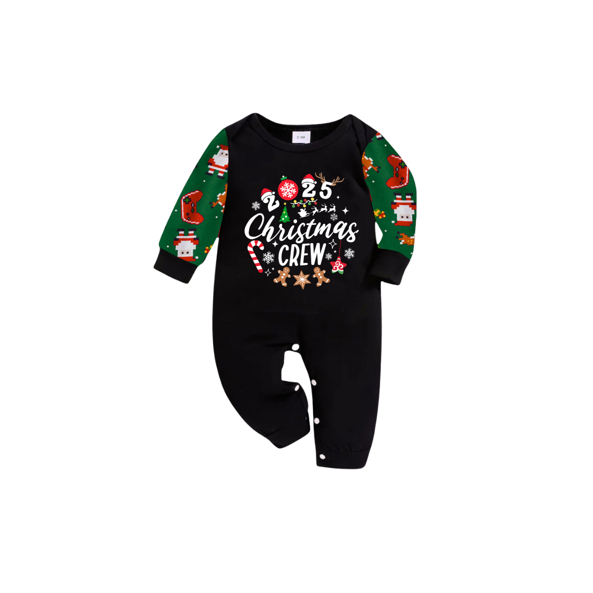 Christmas Crew 2025 Family Pajamas Set - Black Top, Green Pants, Green Christmas Cartoon Sleeves, Gingerbread Candy Print
