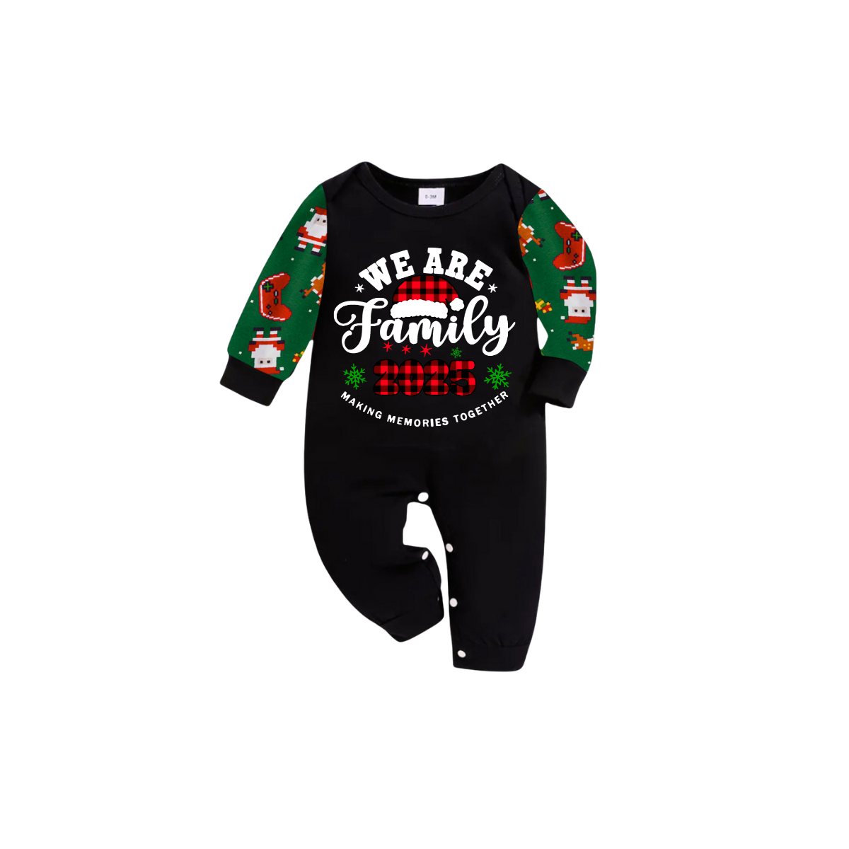 2025 We Are Family Christmas Family Pajamas Set - Black Top / Green Santa Print Pants / Green Santa Print Sleeves