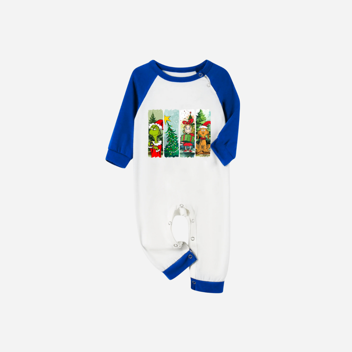 Christmas Cartoon Family Christmas Pajamas Set - White Top with Blue Sleeves and Blue Plaid Pants