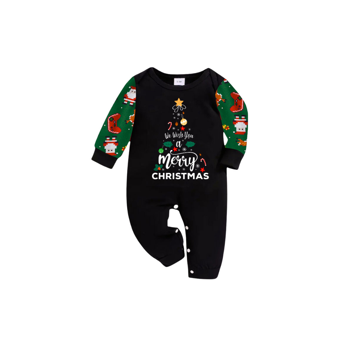 We Wish You a Merry Christmas Family Pajamas Set - Black Top / Green Santa Print Pants / Green Santa Print Sleeves