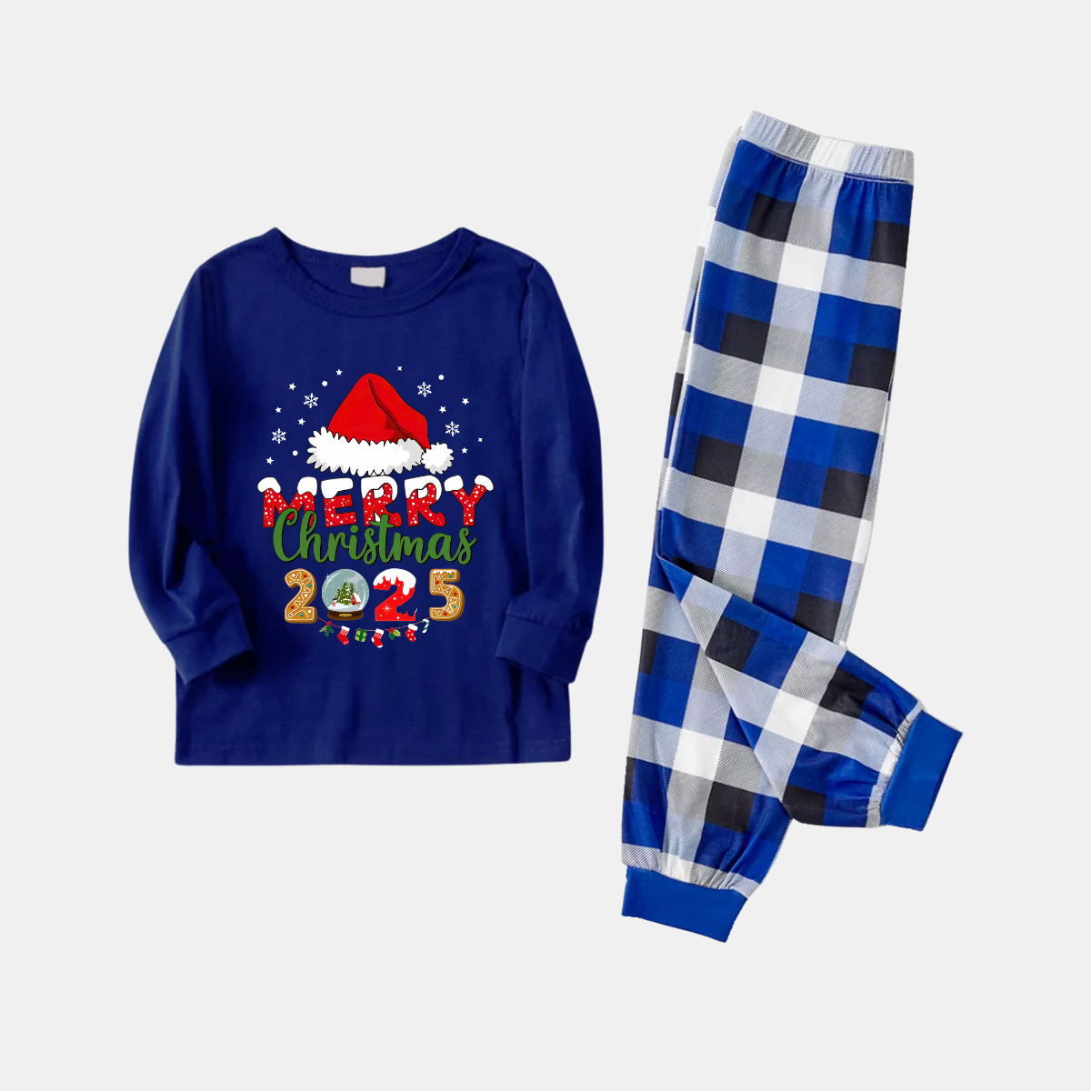 Navy & White Plaid Christmas Pajamas Set With Santa Hat and "Merry Christmas 2025" Text Print