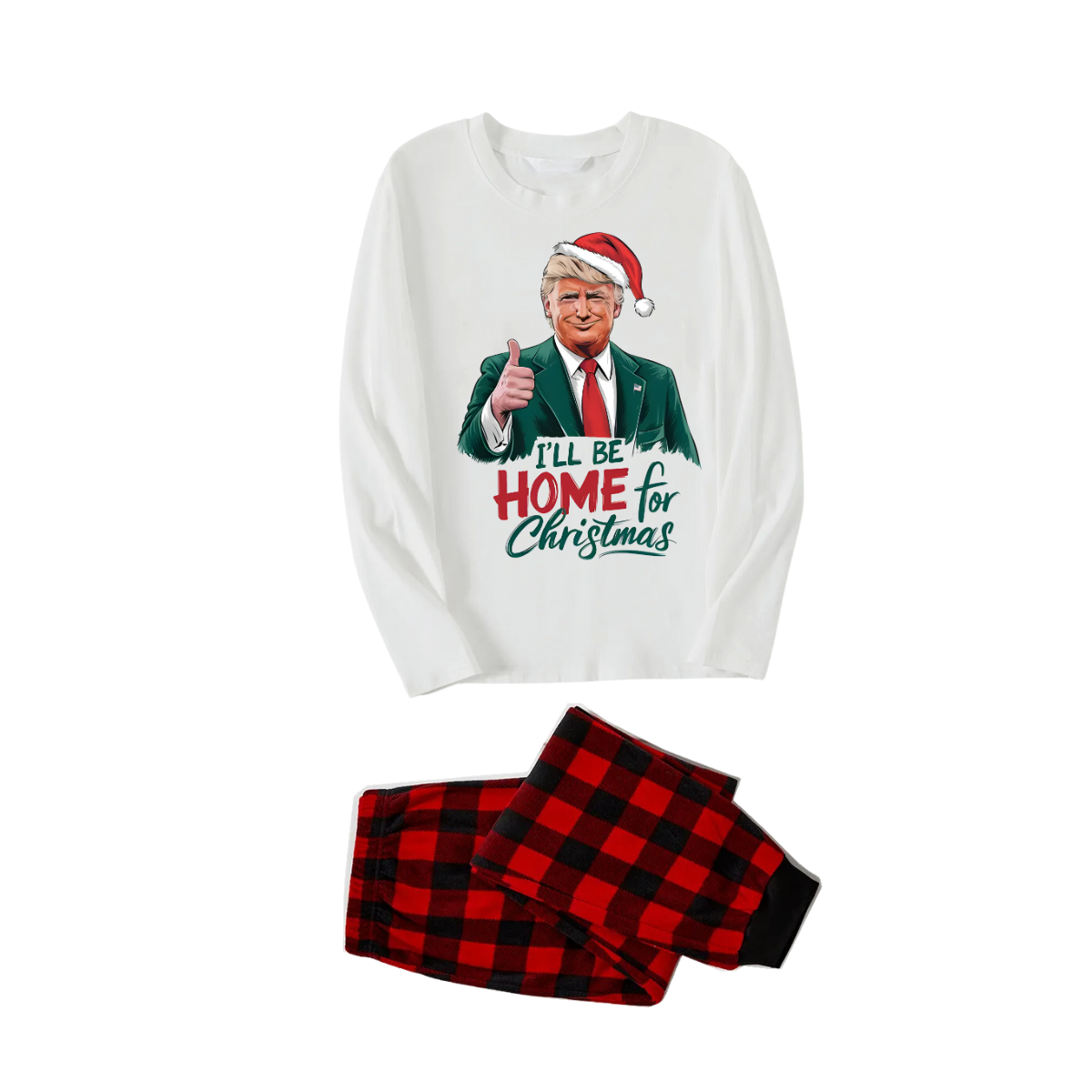 "I will be home for Christmas"Trump With Santa Hat Pattern White Long Sleeve Top and Red & Black Plaid Pants Family Matching Pajamas