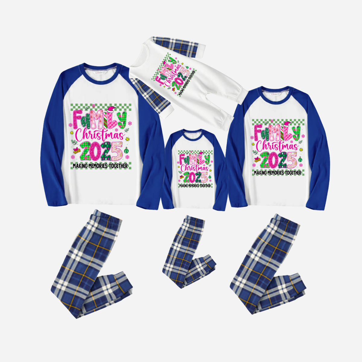 "Family Christmas 2025" Faux Glitter Blue Raglan Sleeves and Blue Plaid Christmas Pajamas Set