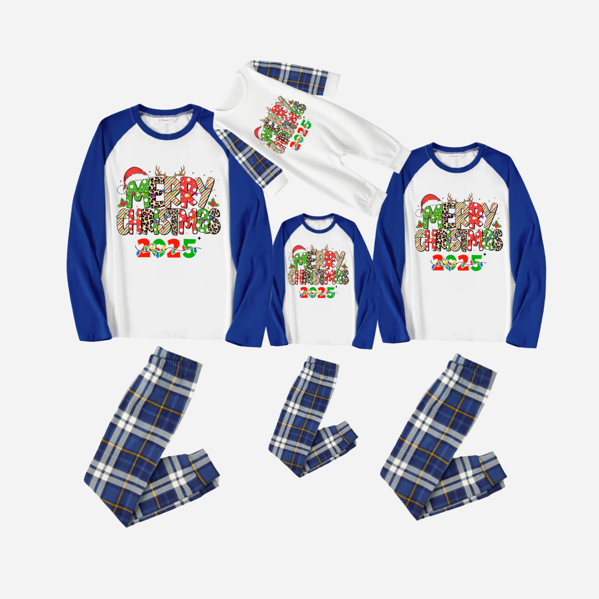 Merry Christmas 2025 Family Christmas Pajamas Set - White Top with Blue Sleeves and Blue Plaid Pants