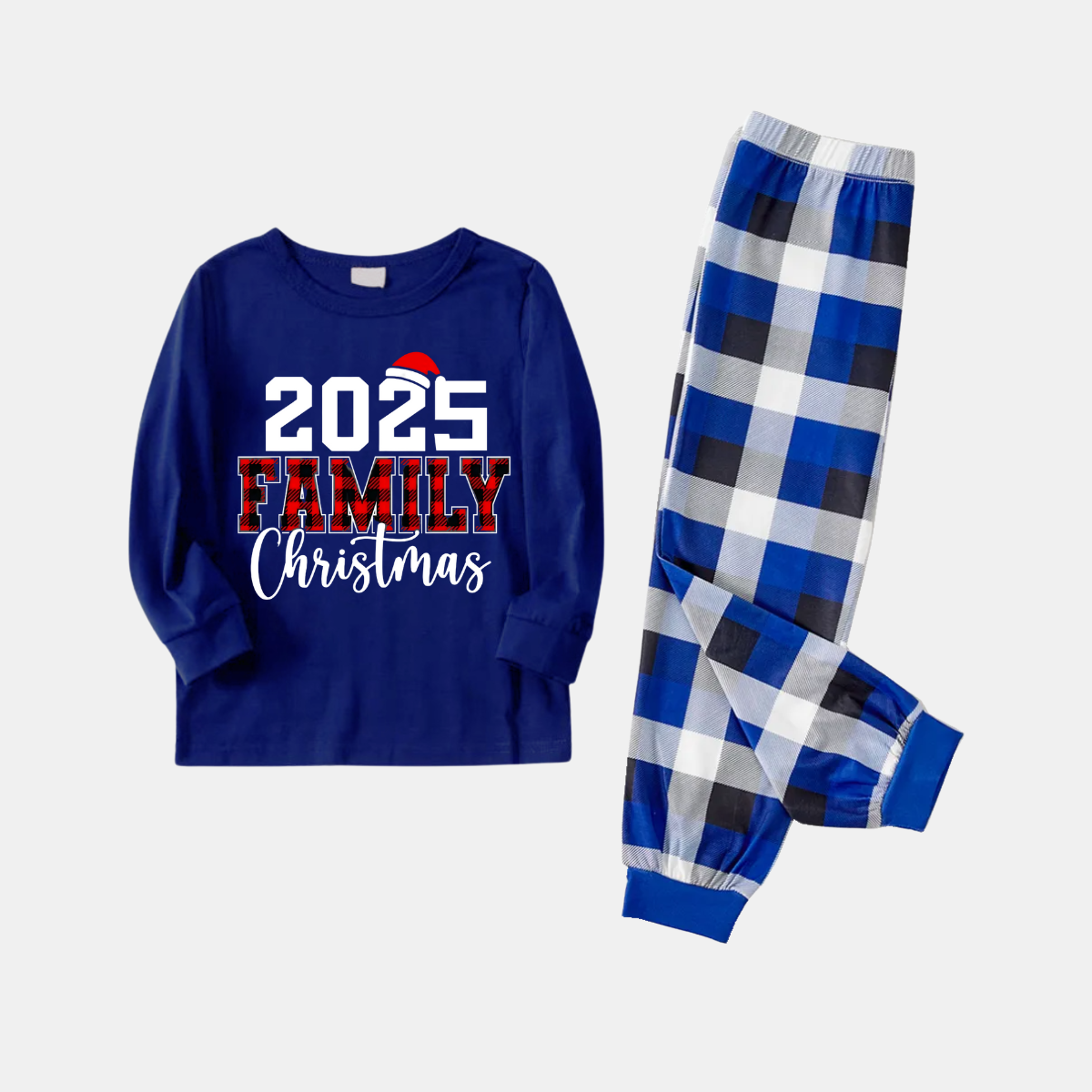 "2025 Family Christmas" Text Printed Blue and White Plaid Family Matching Pajamas