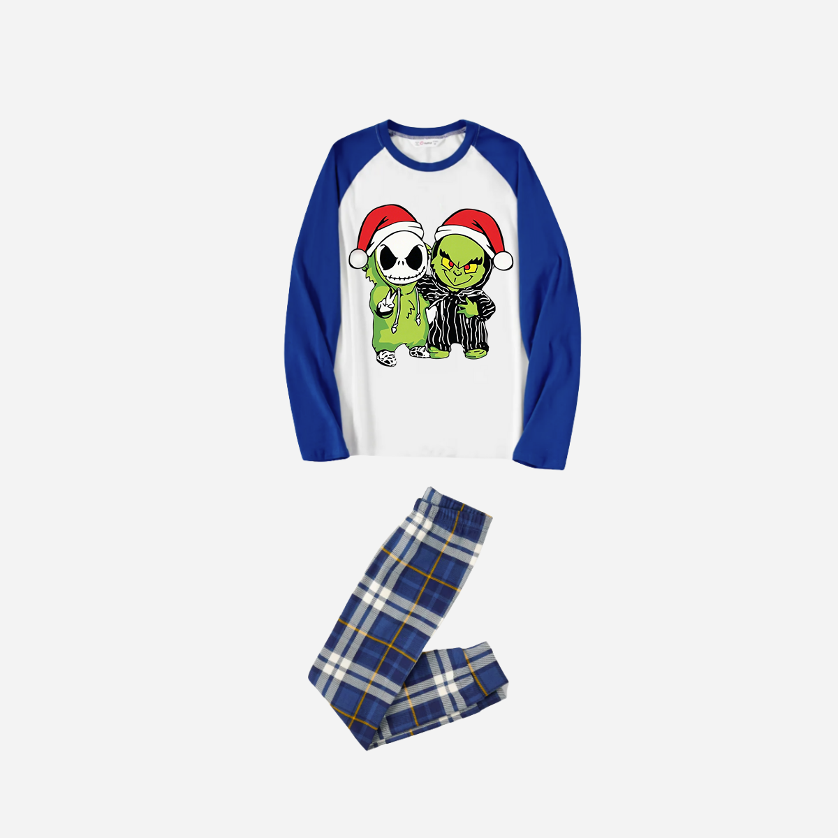 Blue Raglan Top Blue Plaid Christmas Pajamas Set With Grinch and Cartoon Pattern Print