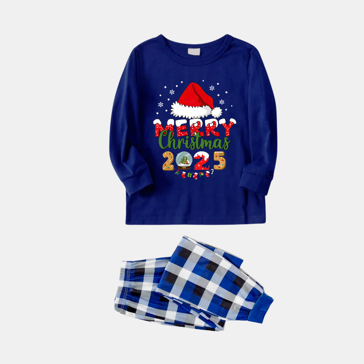 Navy & White Plaid Christmas Pajamas Set With Santa Hat and "Merry Christmas 2025" Text Print