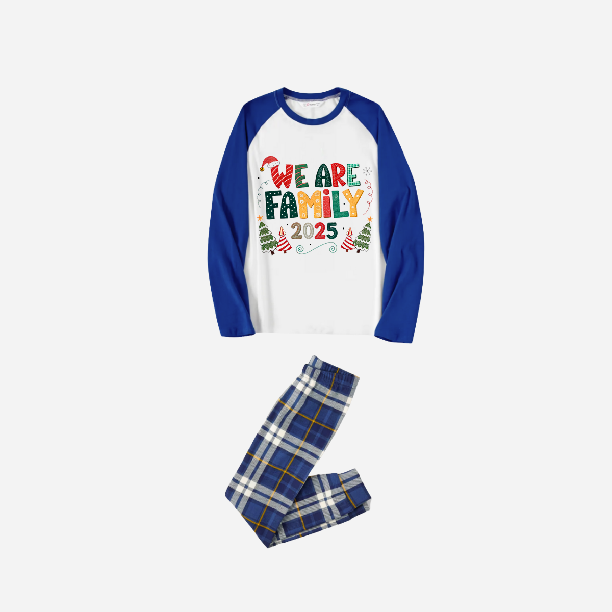 Blue Raglan Top Blue Plaid Christmas Pajamas Set With "We are Family" Colorful Text Print