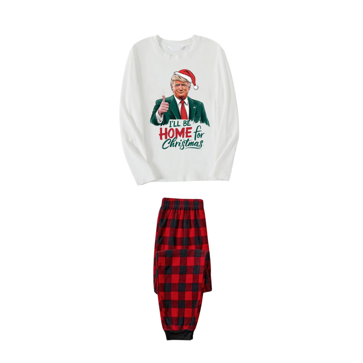 "I will be home for Christmas"Trump With Santa Hat Pattern White Long Sleeve Top and Red & Black Plaid Pants Family Matching Pajamas