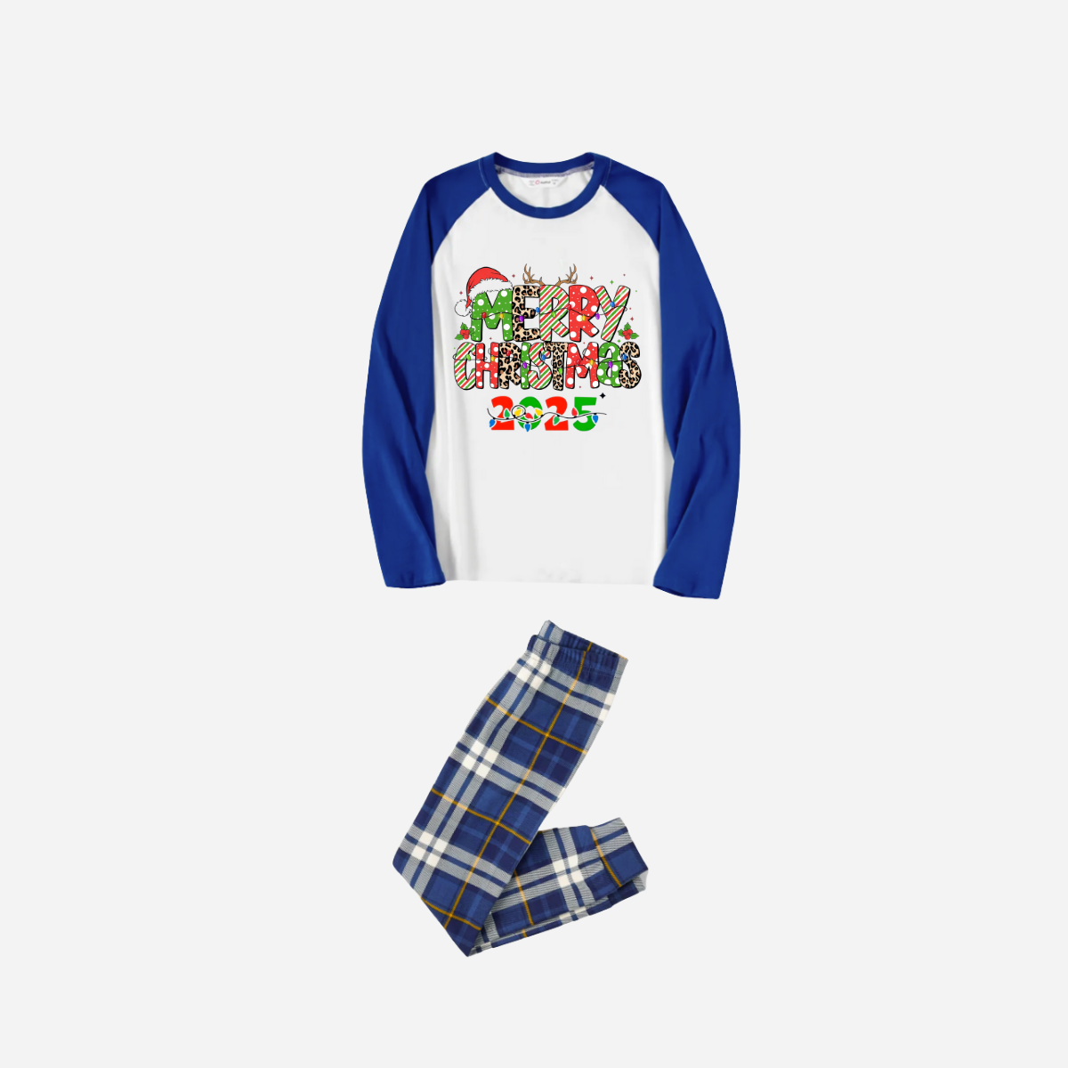 Merry Christmas 2025 Family Christmas Pajamas Set - White Top with Blue Sleeves and Blue Plaid Pants