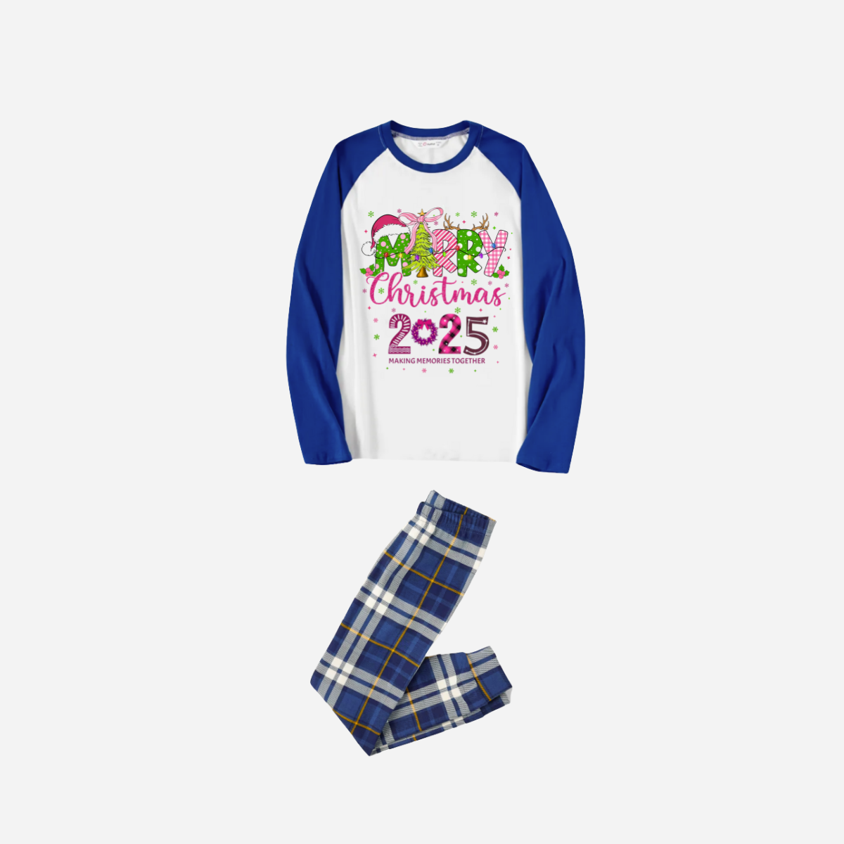 Merry Christmas 2025 Family Christmas Pajamas Set - White Top with Blue Sleeves and Blue Plaid Pants