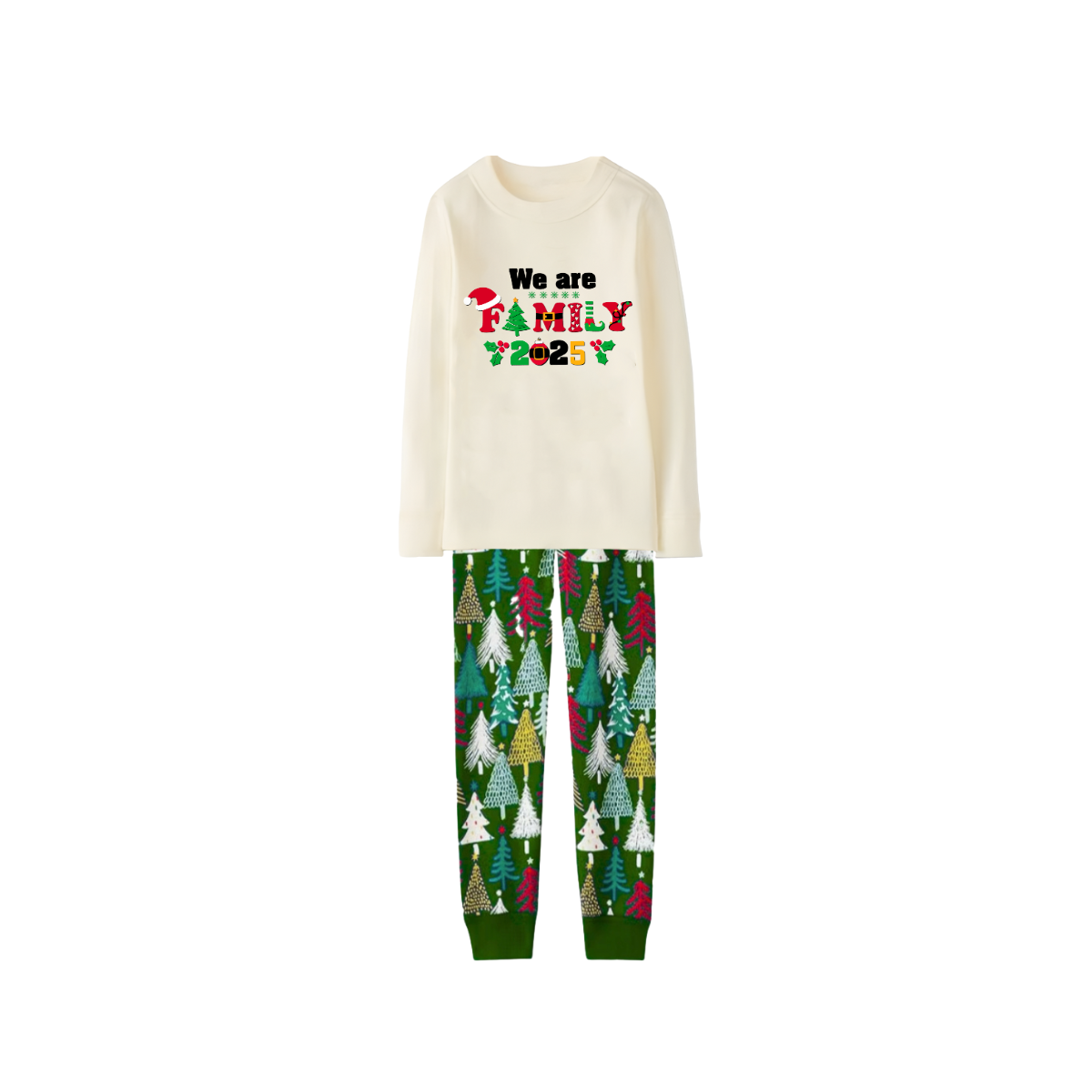 We Are Family 2025 Printed Beige Top And Green Pants Family Matching Christmas Pajamas Sets