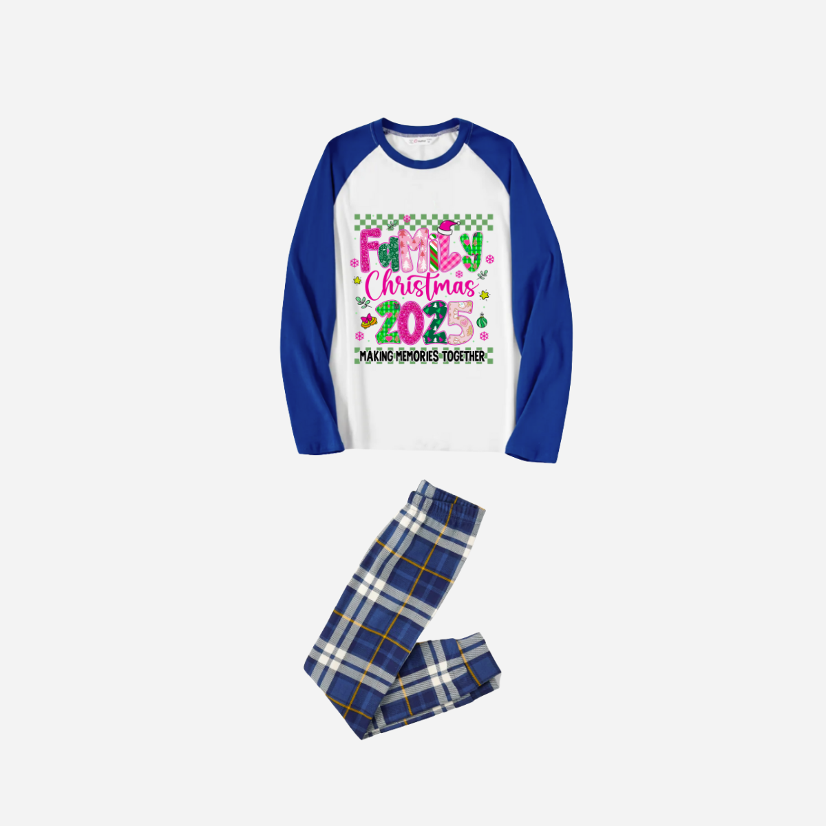 "Family Christmas 2025" Faux Glitter Blue Raglan Sleeves and Blue Plaid Christmas Pajamas Set