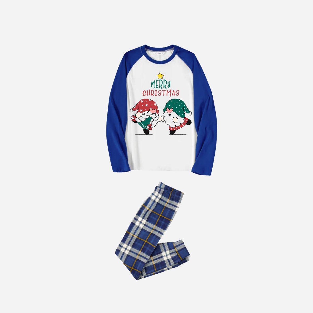 Blue Raglan Top Blue Plaid Christmas Pajamas Set With Gnome and Merry Christmas Text Print