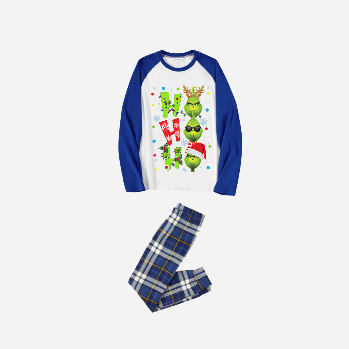 Blue Raglan Top Blue Plaid Christmas Pajamas Set With "ho ho ho" and Christmas Grinch Print