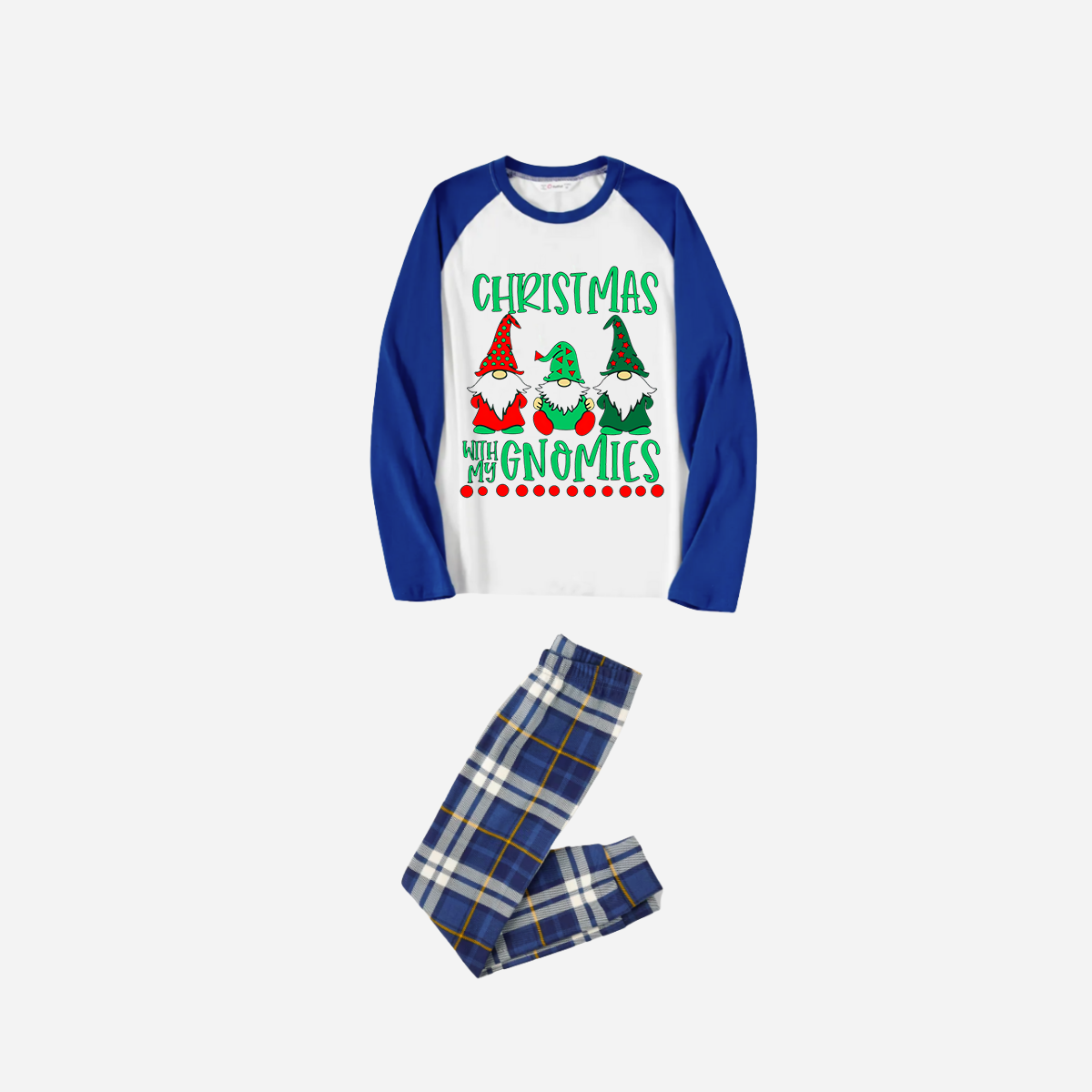 Blue Raglan Top Blue Plaid Christmas Pajamas Set With "Christmas With My Gnomies" Text Print